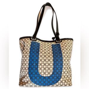 Brighton YOU ROCK Canvas Tote Blue Black Cloverleaf Leather Shoulder Bag + CHARM